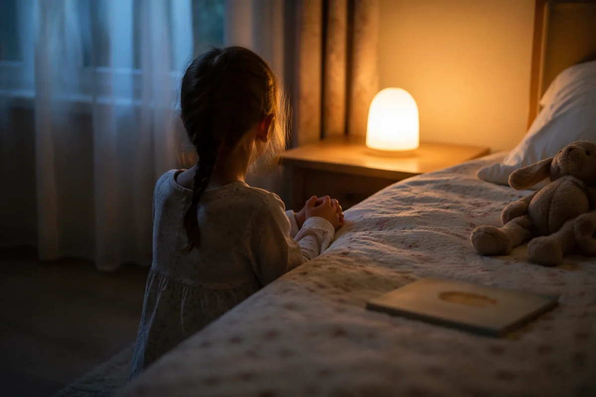 Child Praying Beside Bed at Night