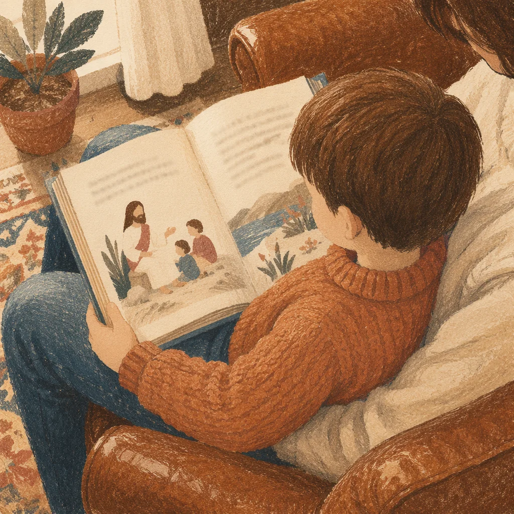 Child Reading Picture Bible on Parent's Lap