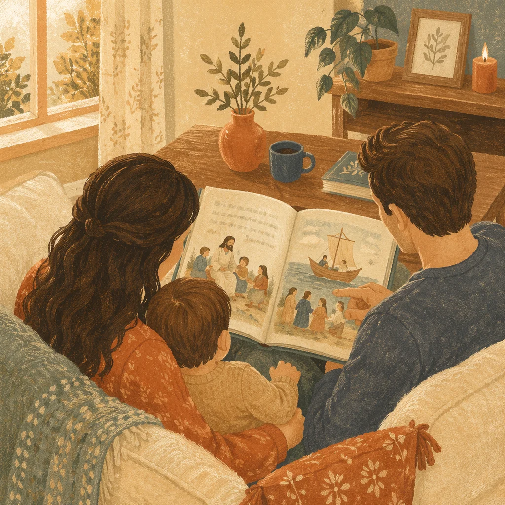 Child Reading Picture Bible with Parents
