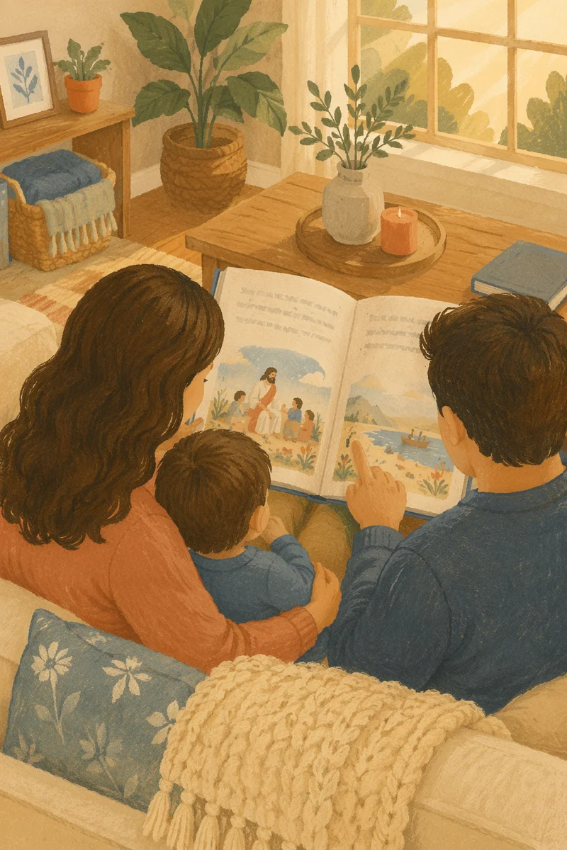 Child Reading Picture Bible With Parents