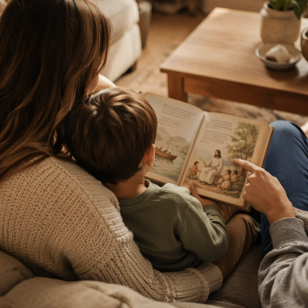 Child Reading Picture Bible with Parents
