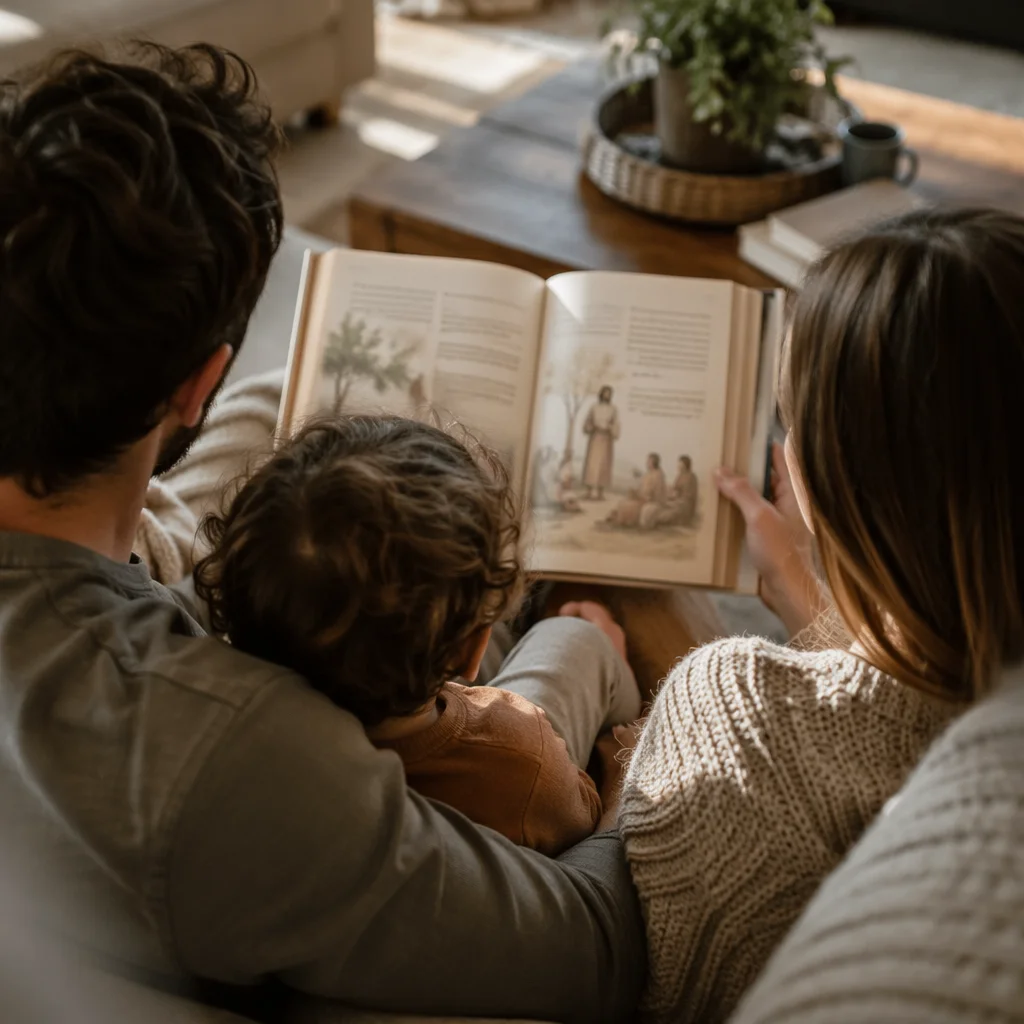 Child Reading Picture Bible on Parents Lap