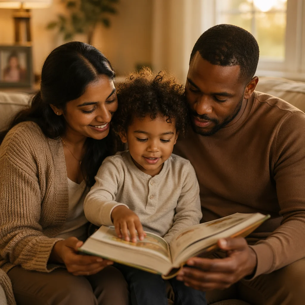 Child Reading Picture Bible with Parents