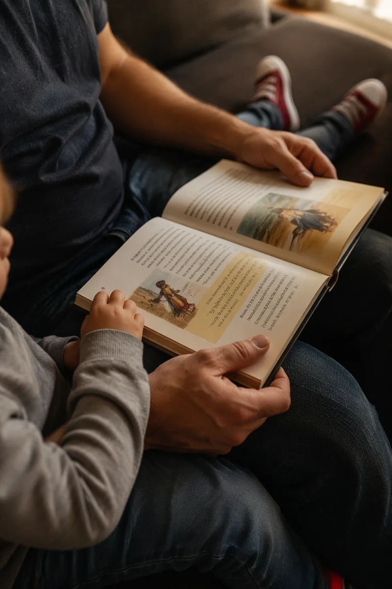 Child Reading Picture Bible on Parent Lap