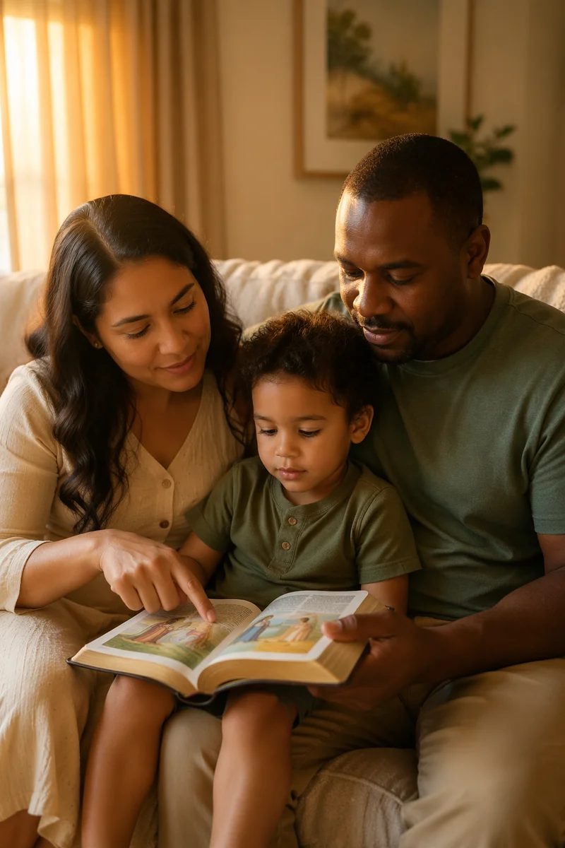 Family Reading Illustrated Bible on Sofa