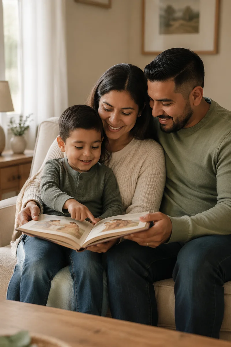 Family Reading Picture Bible on Sofa