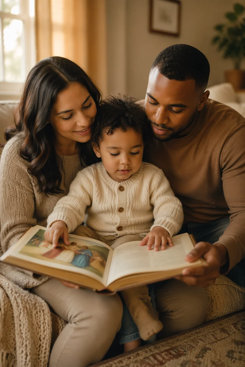 Child Reading Picture Book With Parents