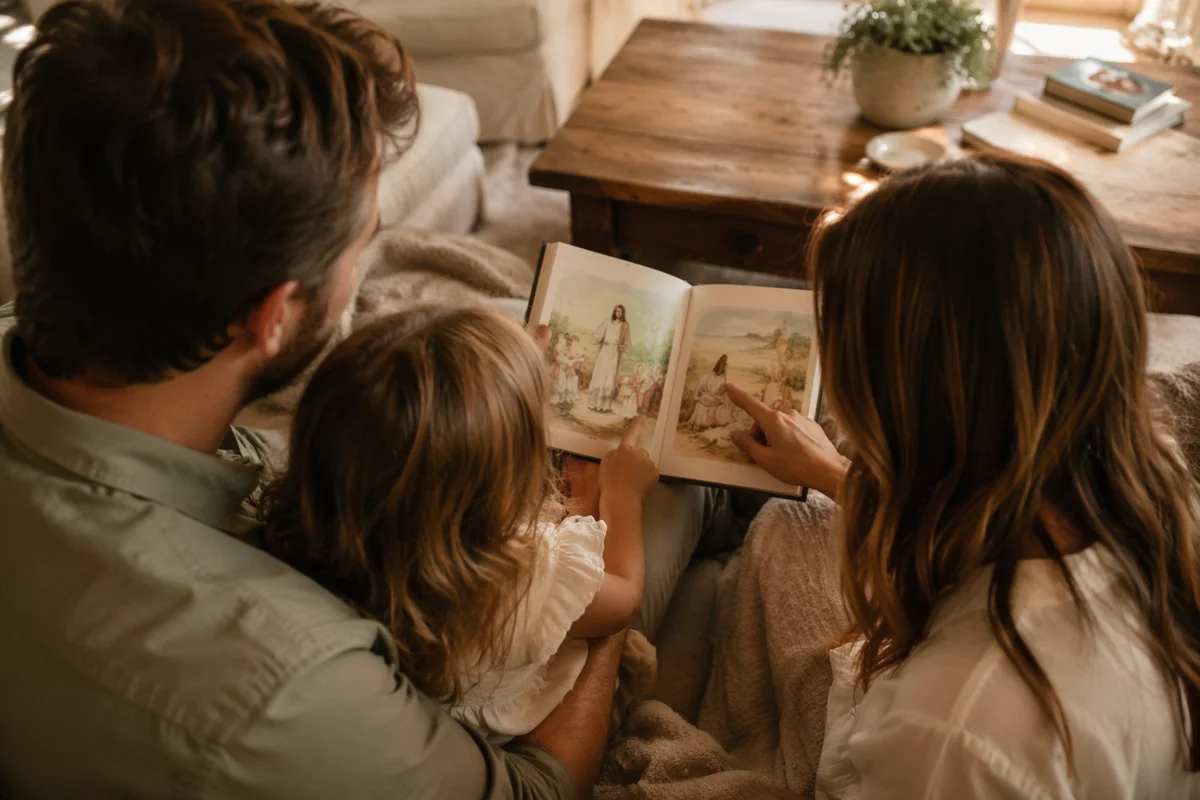 Child Reading Picture Bible with Parents
