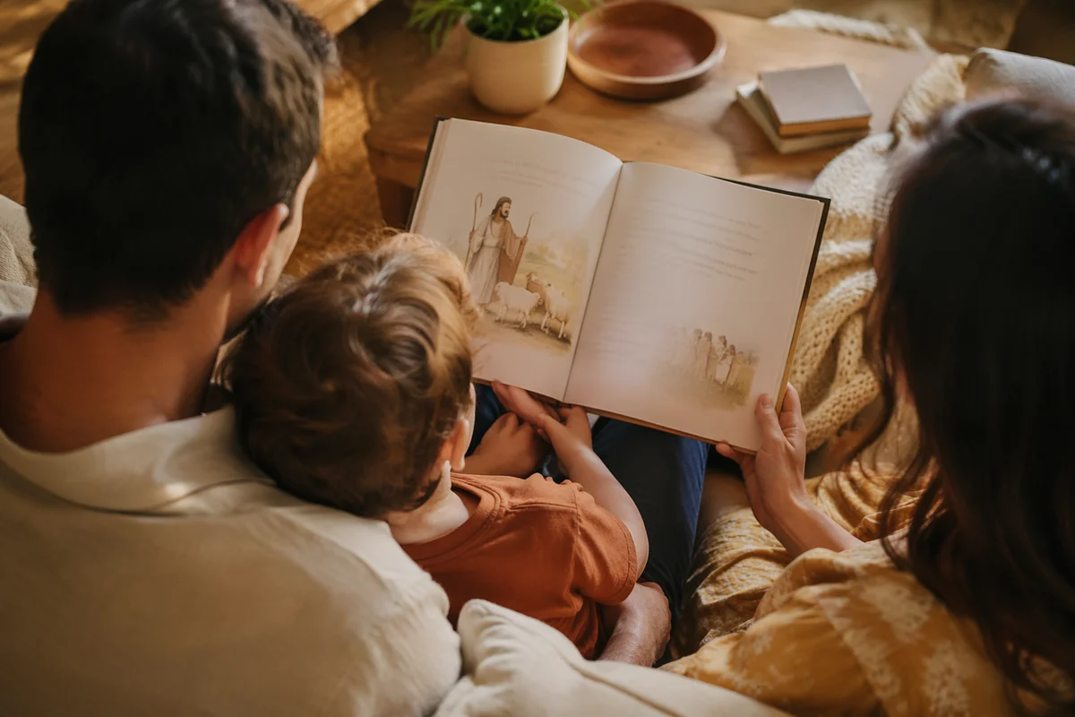 Child Reading Picture Bible on Parents Lap