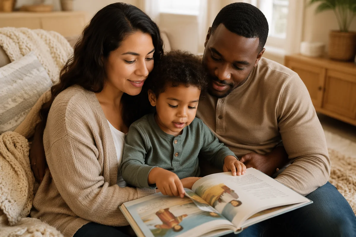 Child Reading Picture Bible with Parents