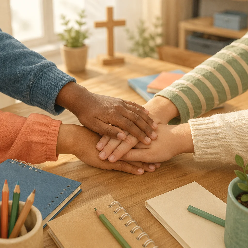 Children Stacking Hands in Faith Teamwork