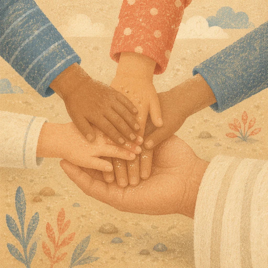 Children Hands United in Sandy Teamwork