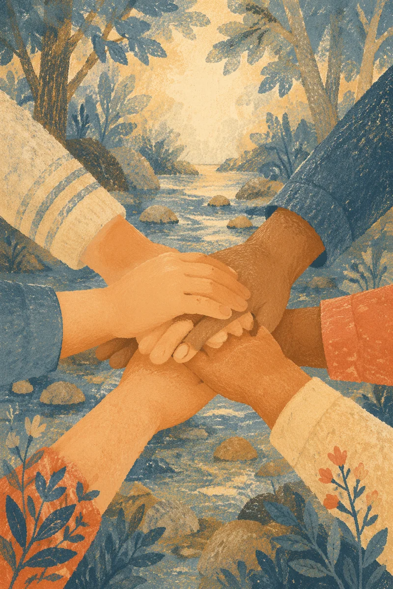 Children’s Hands Stacked in Woodland Teamwork