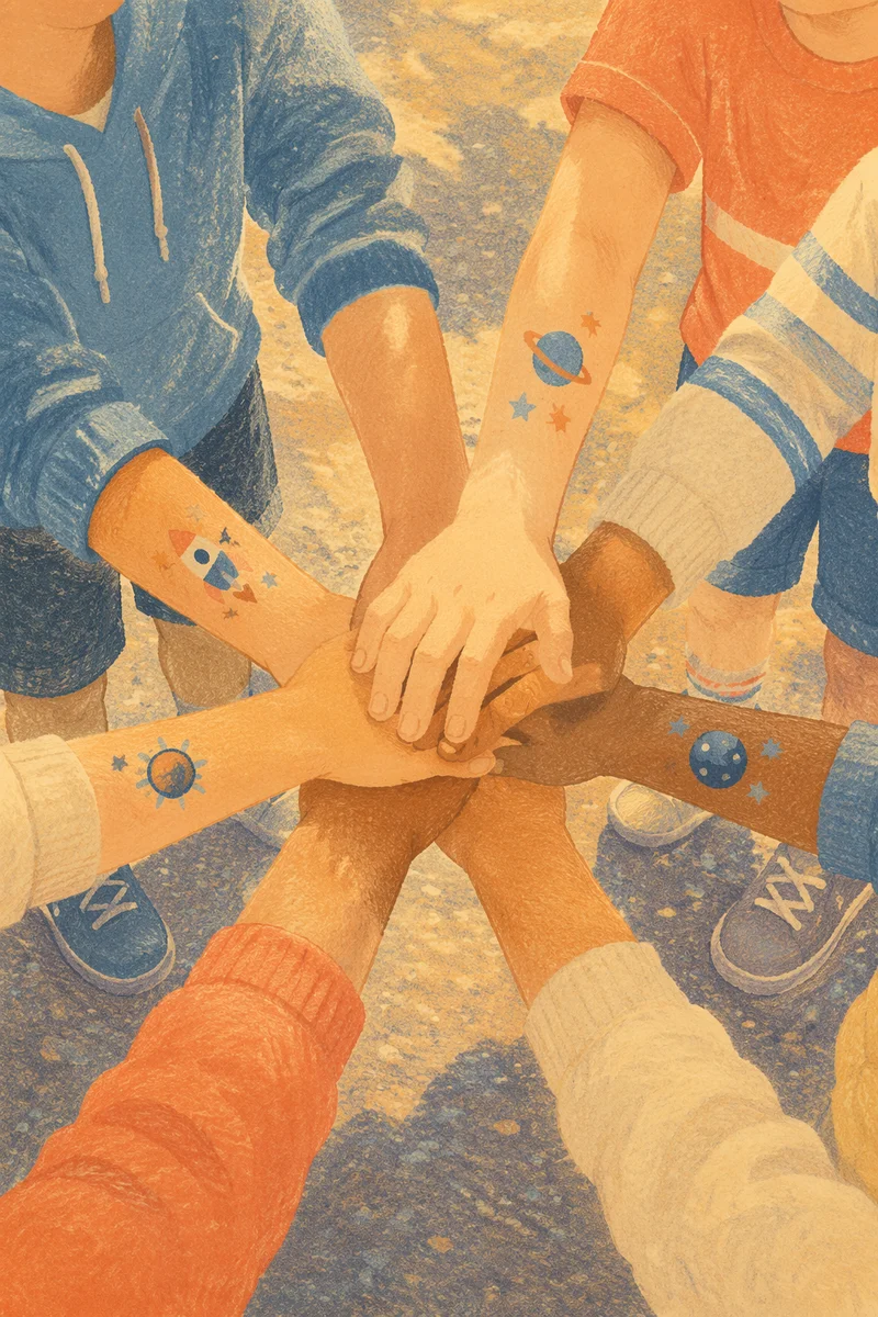 Children’s Hands Stacked in Teamwork Circle