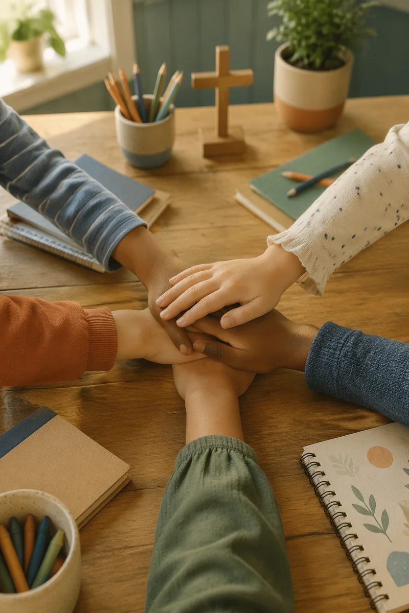 Children Stacking Hands Around Craft Table
