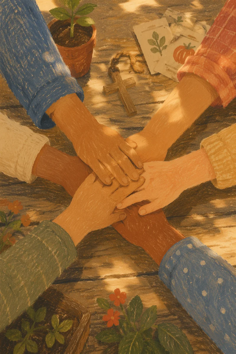 Children Hands Stacked on Wooden Table