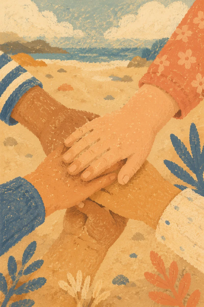Children’s Sandy Hands Stacked in Friendship