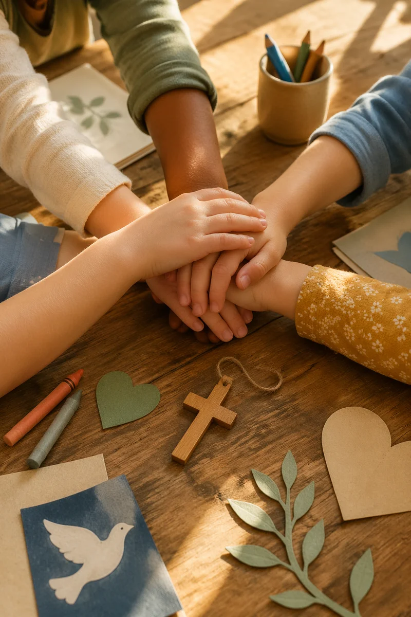 Children Stacking Hands at Church Craft Table