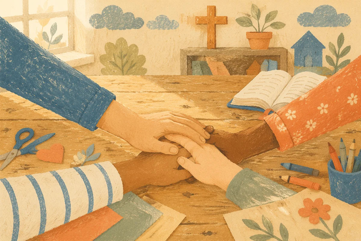 Children Stacking Hands in Christian Classroom