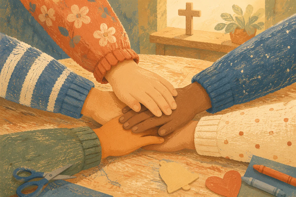 Children Stacking Hands in Church Classroom