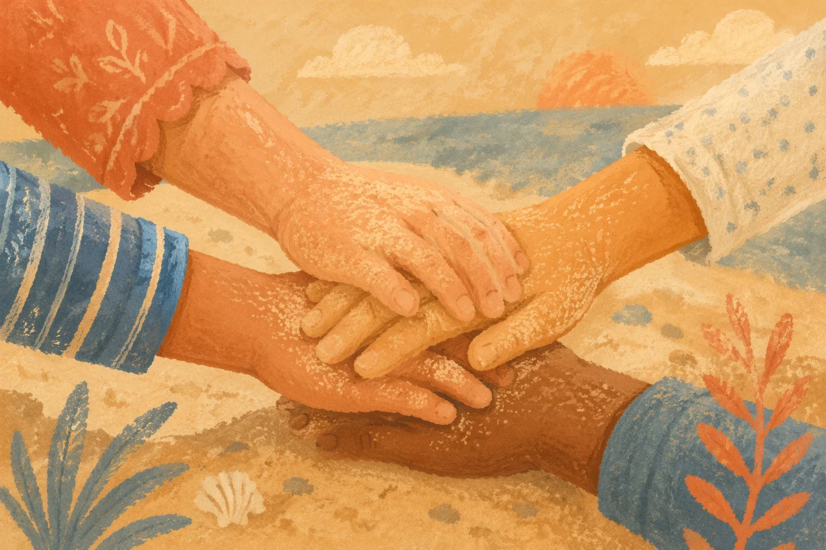 Children’s Sandy Hands Stacked in Teamwork