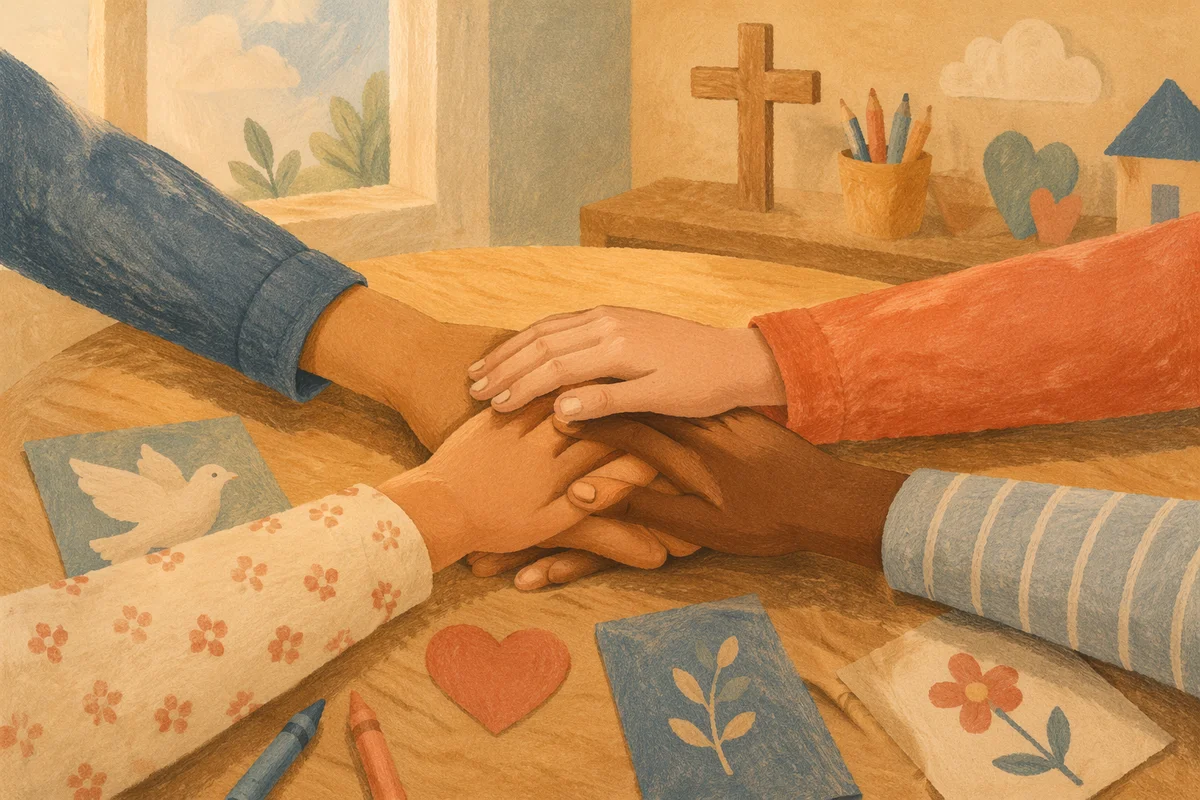 Children’s Hands United Around Faith Classroom Table