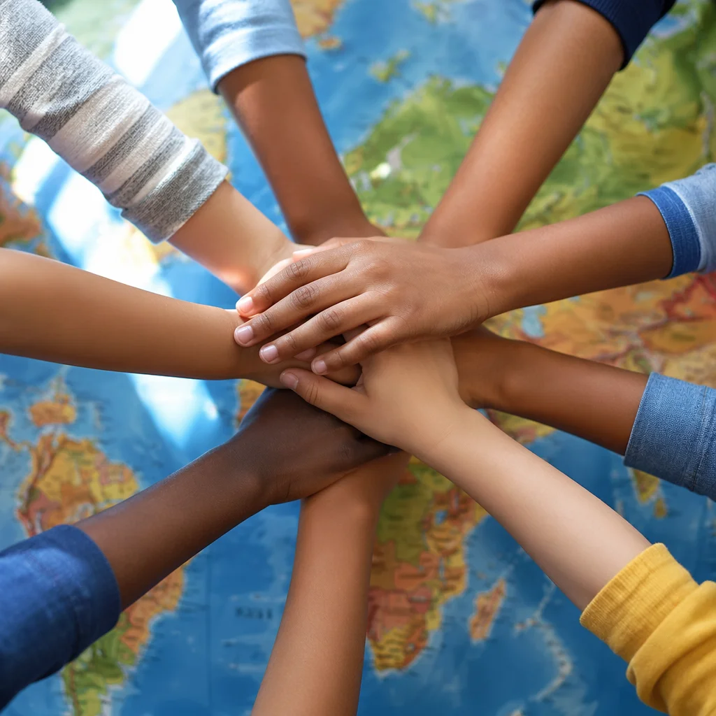 Children Hands United Over Classroom World Map