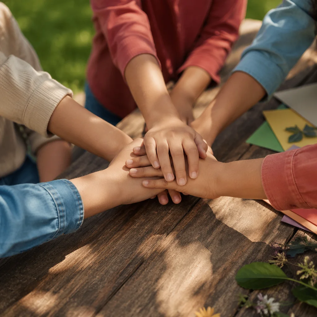 Children’s Hands Stacking for Teamwork Outdoors