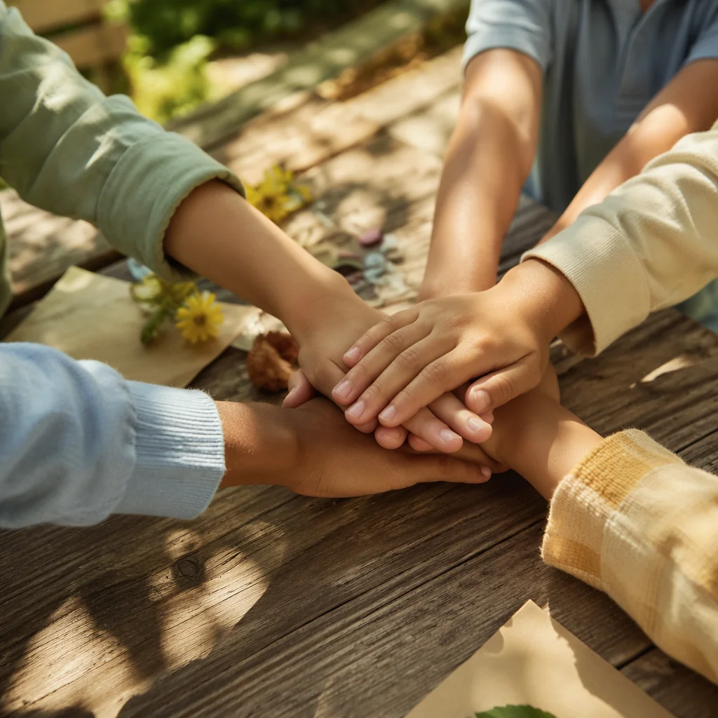 Children Stacking Hands in Garden Teamwork