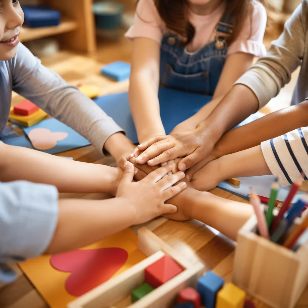 Children's Hands Stacked in Friendship Circle