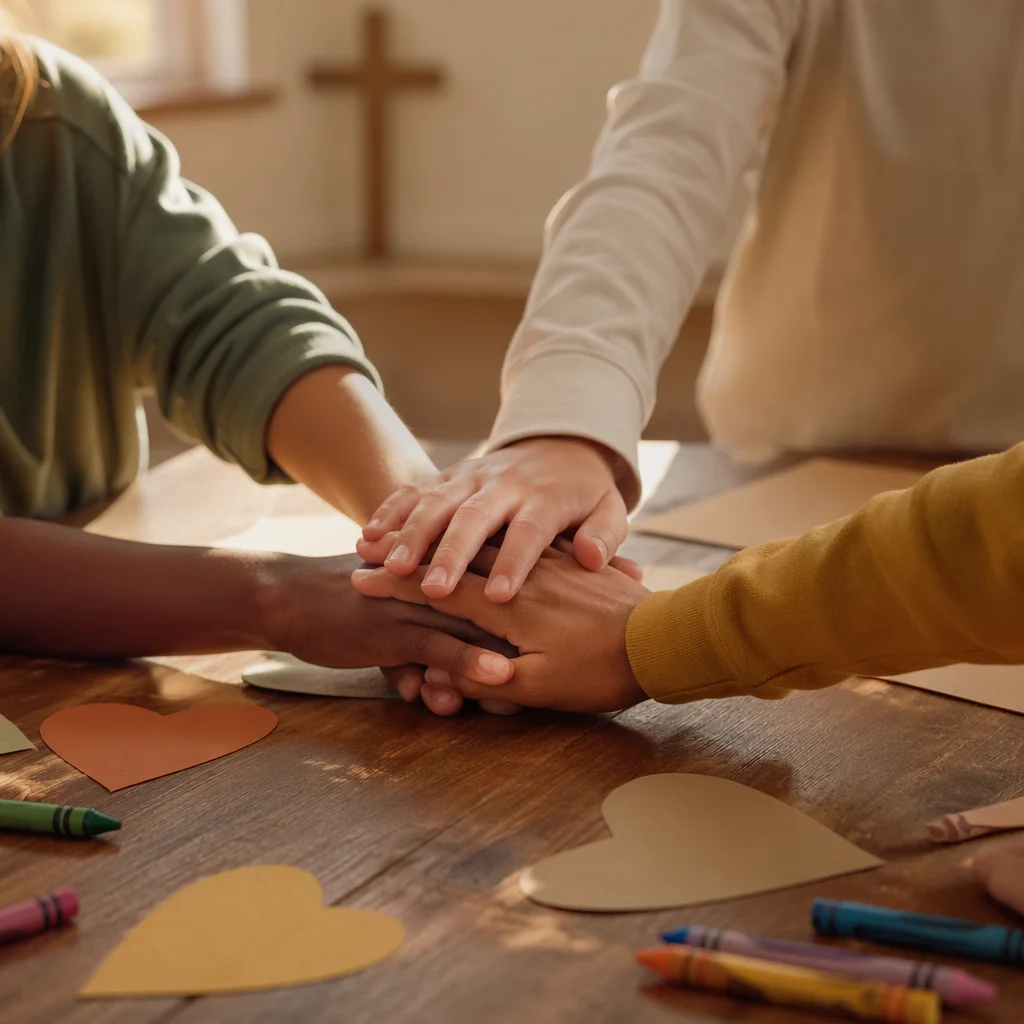 Children Stacking Hands in Hopeful Unity