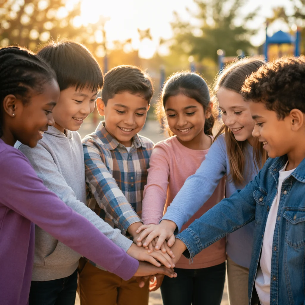 Children Stacking Hands on Playground Together