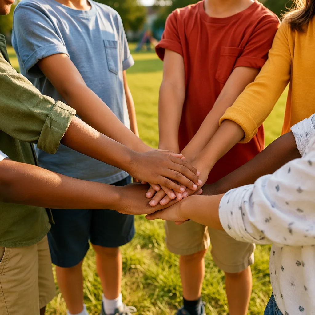 Children Stacking Hands on Sunny Field
