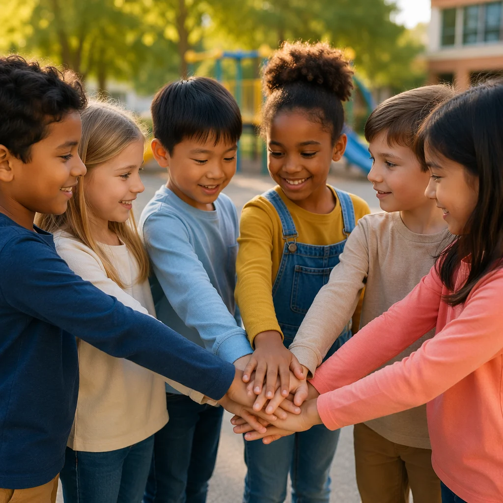 Children Stacking Hands in Schoolyard Together