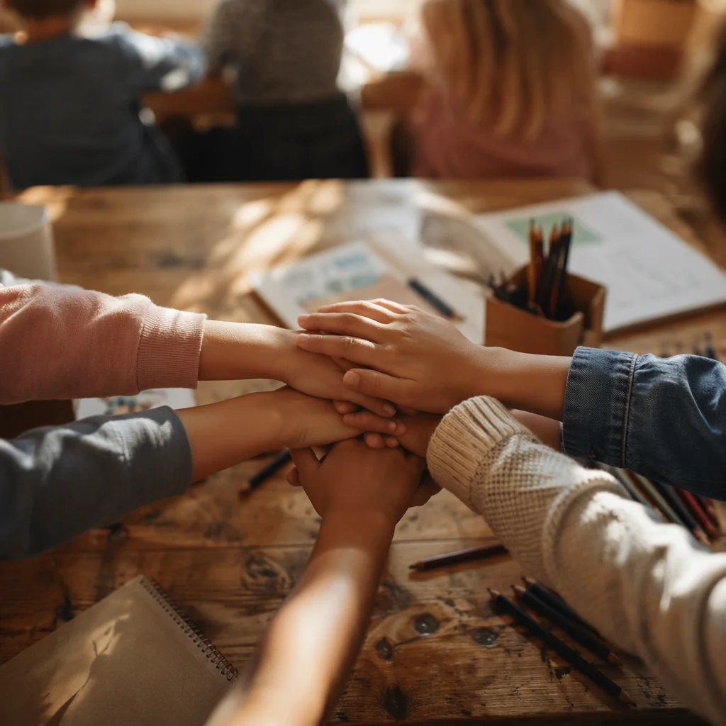 Children Hands United in Classroom Teamwork