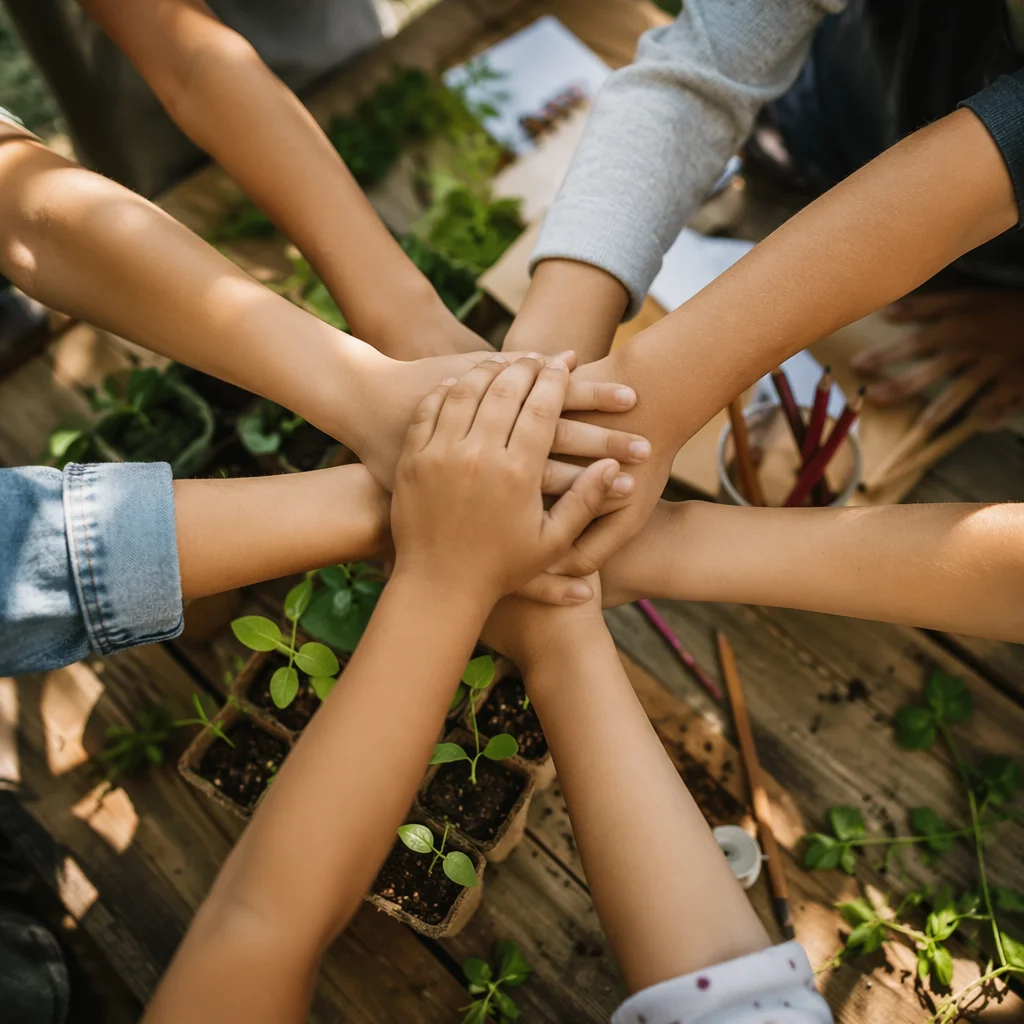 Children Hands United in Garden Teamwork