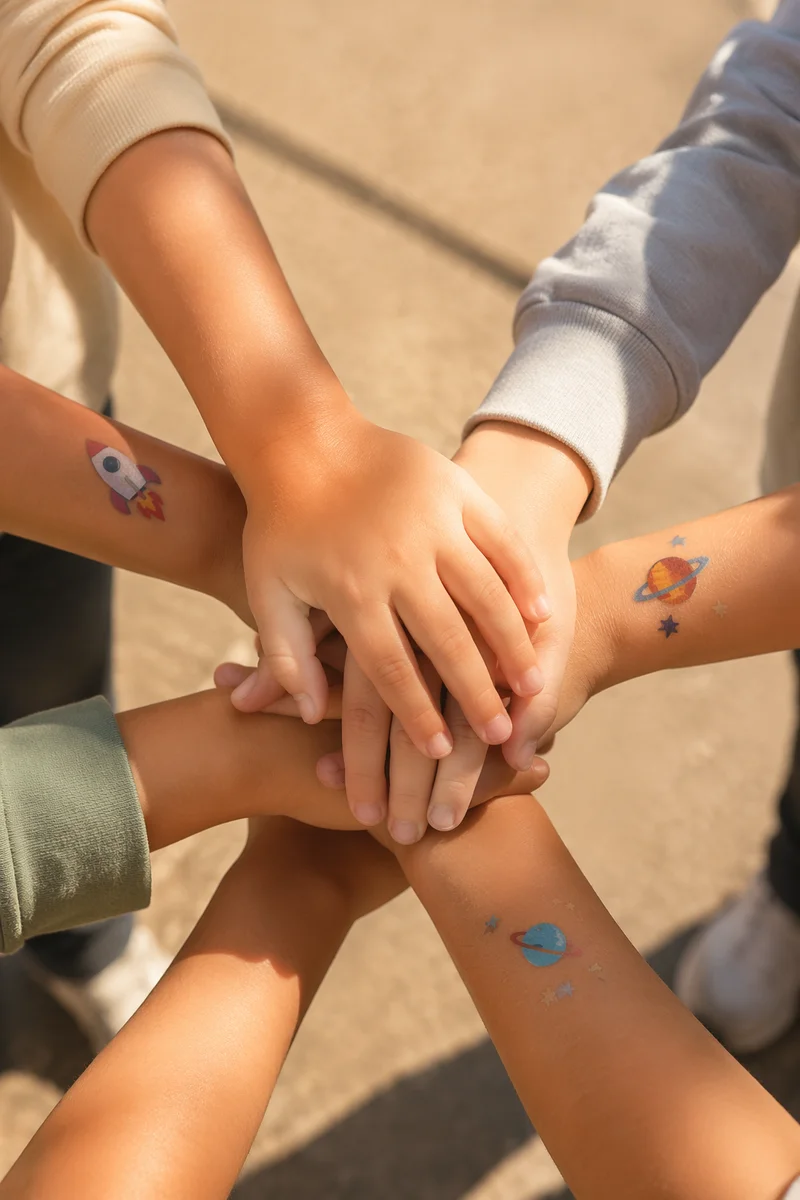 Children Hands Stacked in Sunny Teamwork