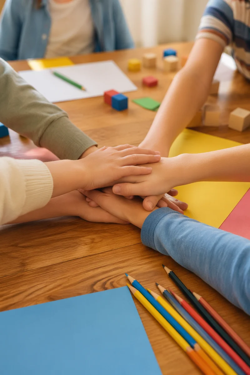 Children’s Hands Stacked in Teamwork Circle