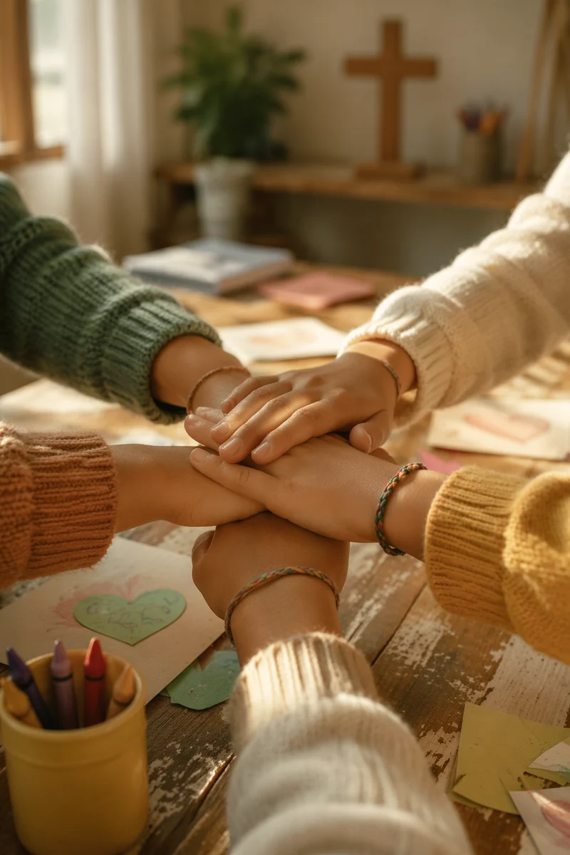 Children Stacking Hands in Faithful Teamwork