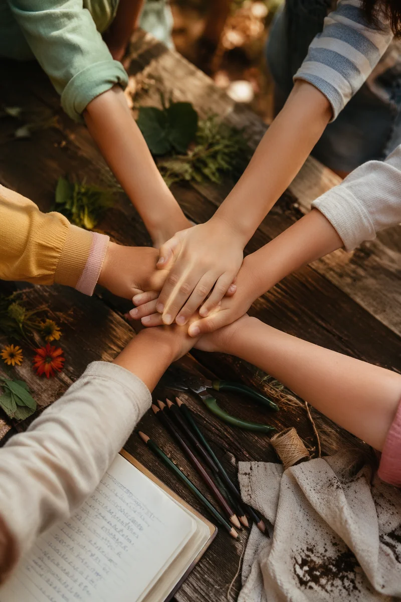Children Stacking Hands in Church Garden