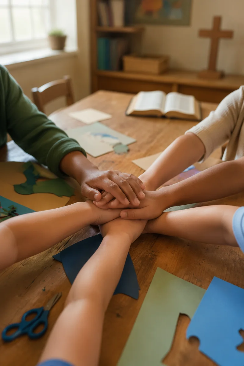 Children Hands Stacked in Christian Classroom