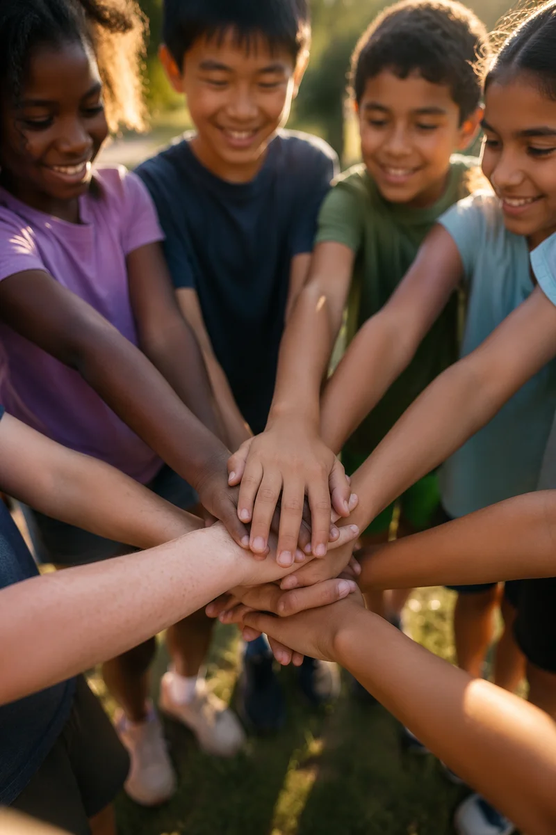 Children Hands Stacked on Sunny Grass