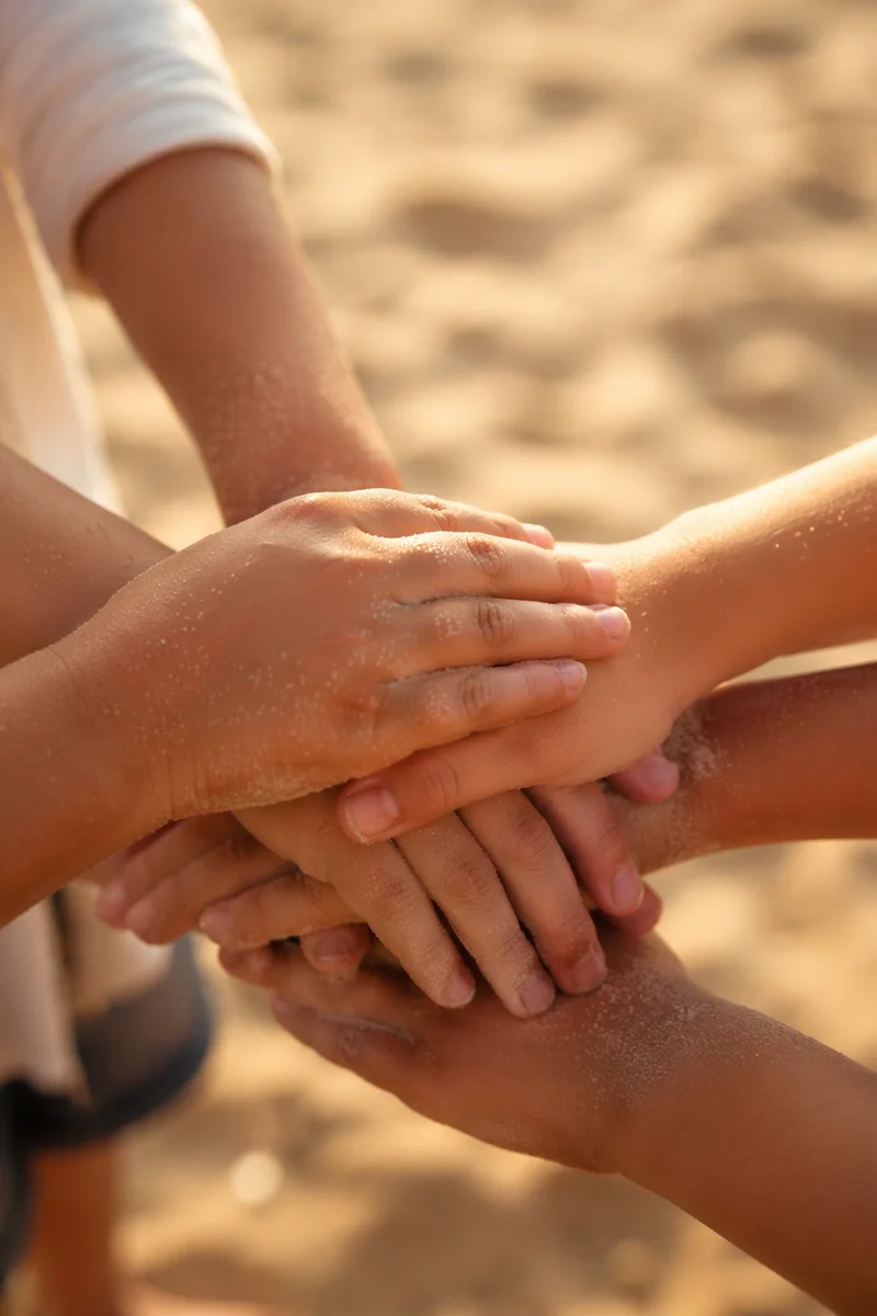 Children’s Sandy Hands Stacked in Teamwork