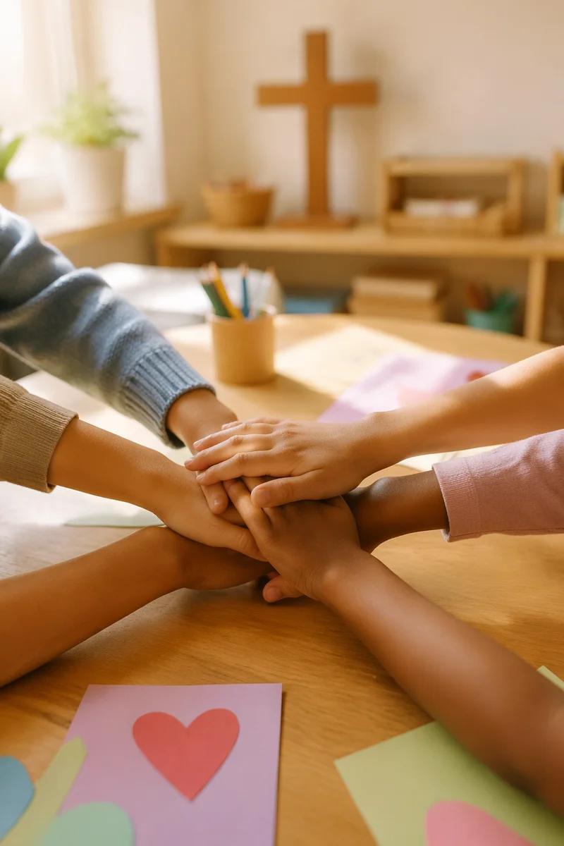Children Hands United in Faith Classroom