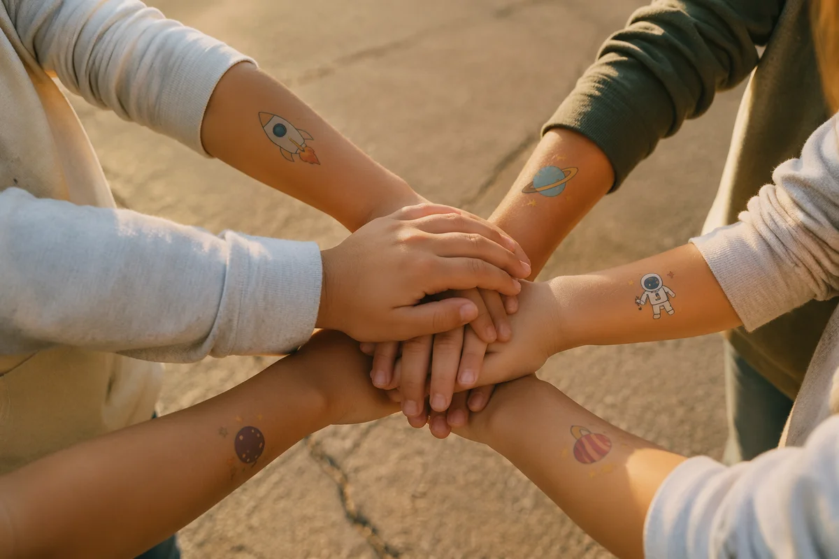 Children Stacking Hands in Sunlit Teamwork