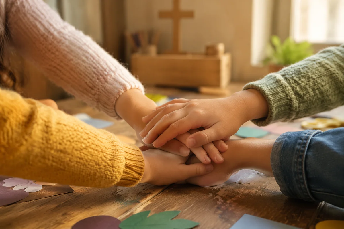 Children Stacking Hands in Church Classroom