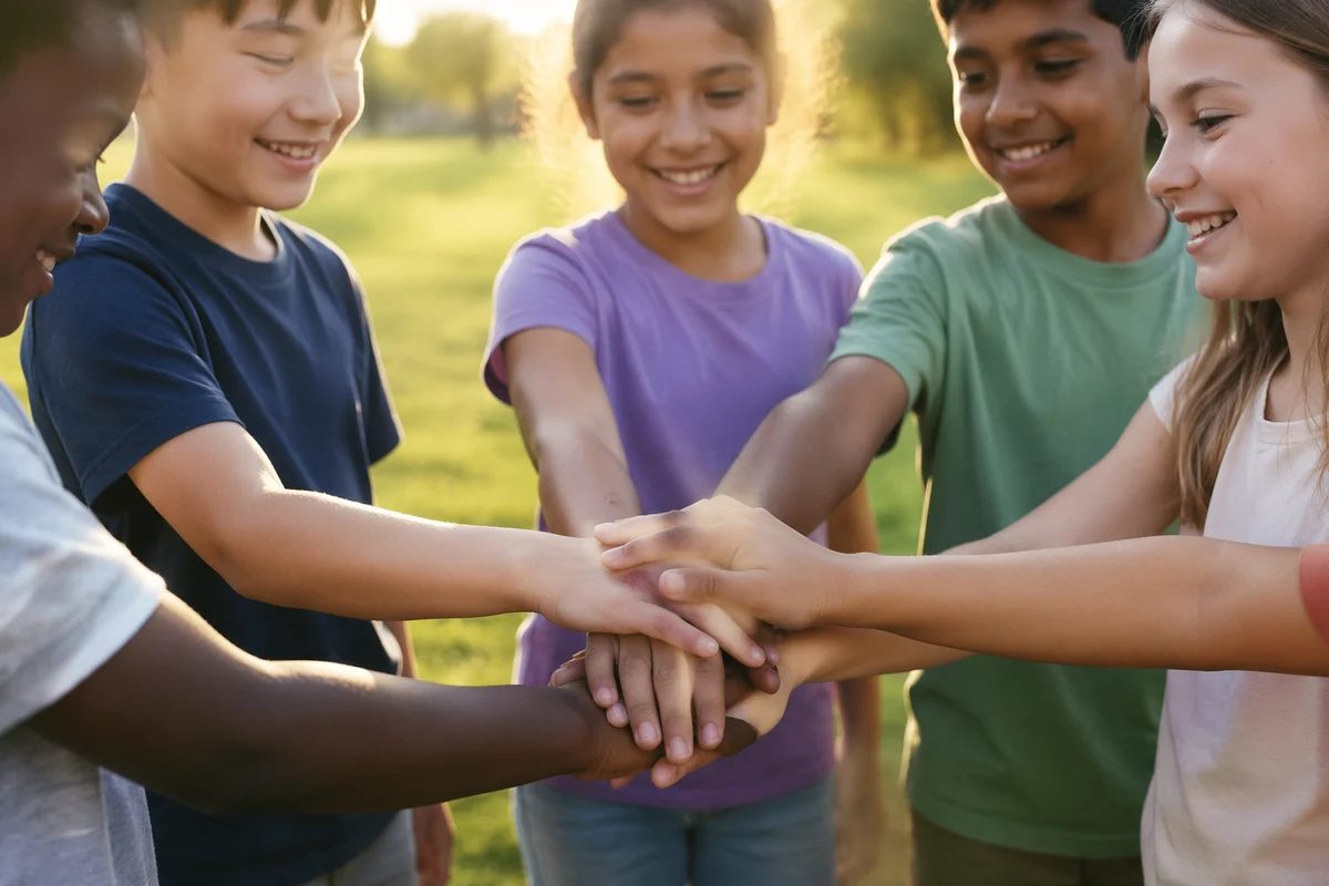 Children's Hands Stacked on Sunny Grass