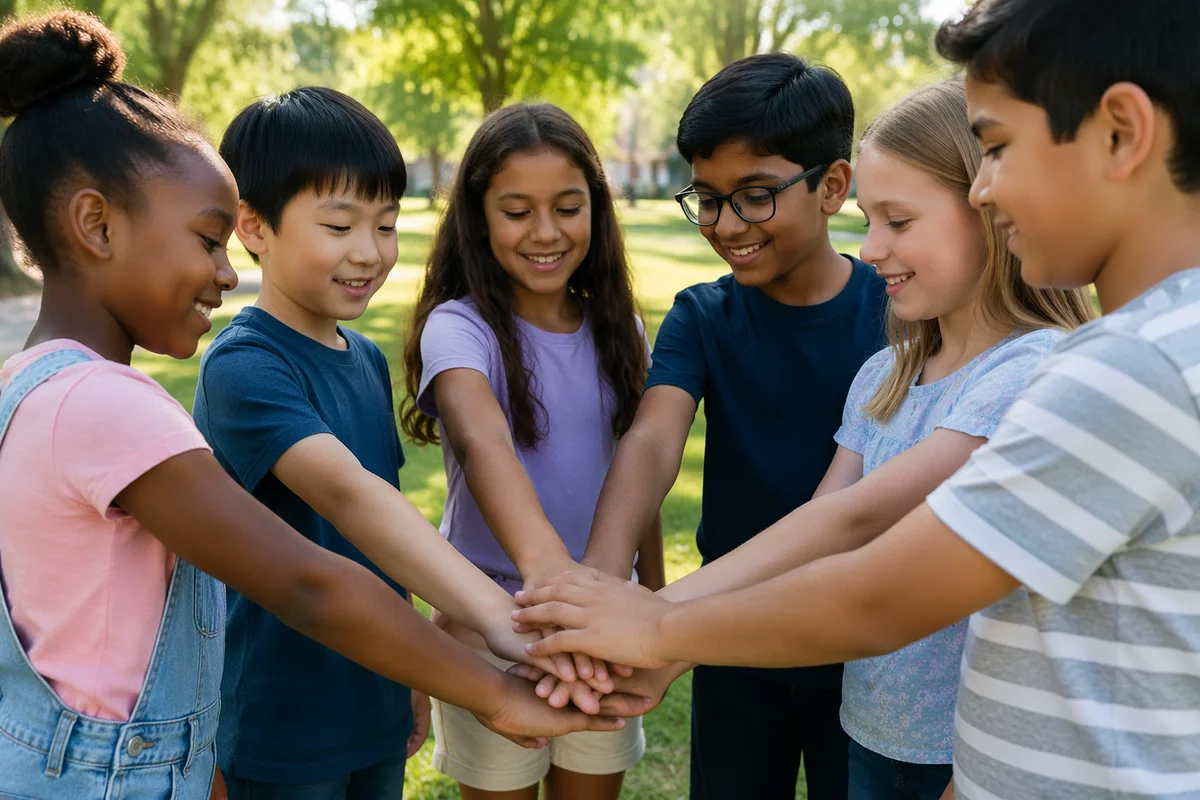 Children Stacking Hands in Sunny Park