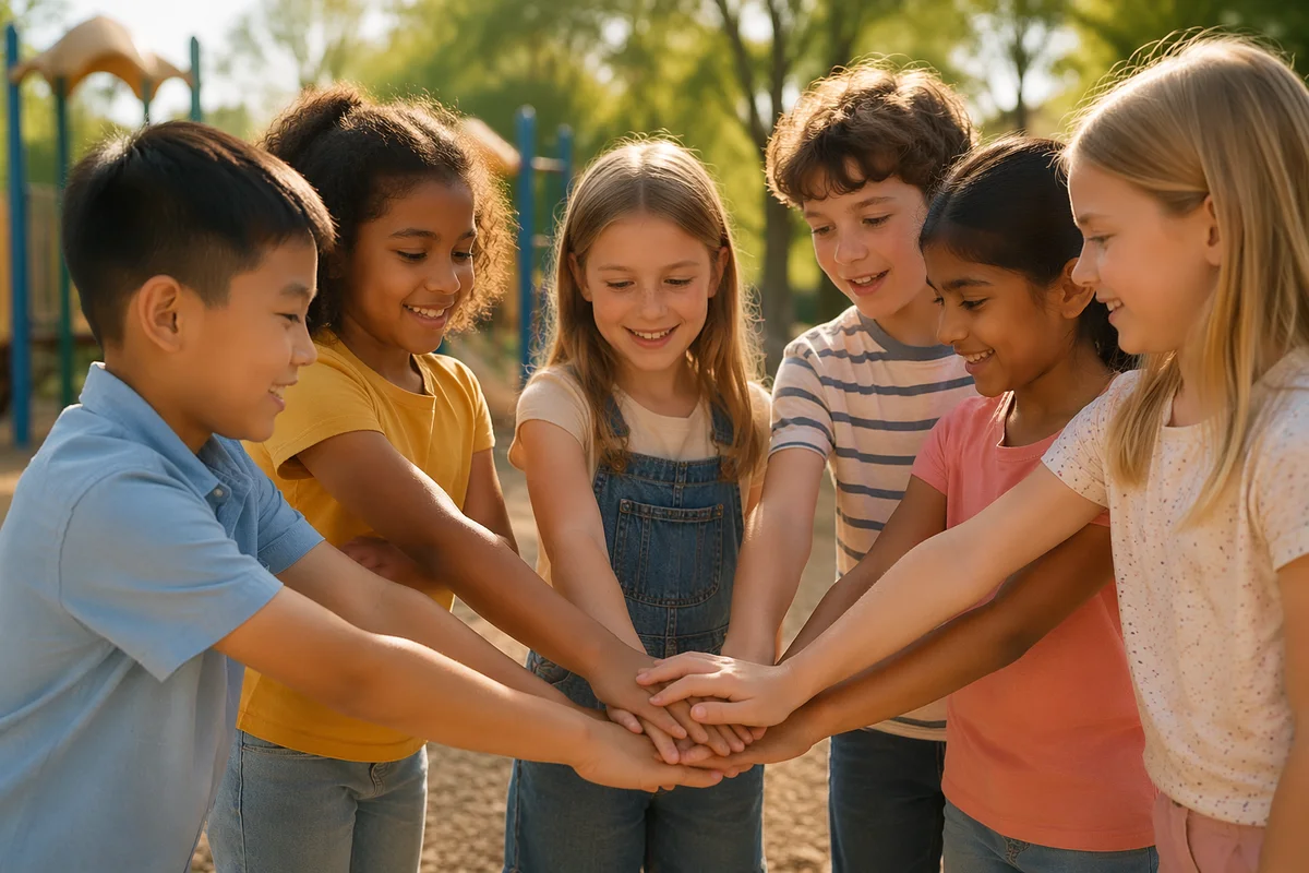 Children Stacking Hands in Sunny Schoolyard