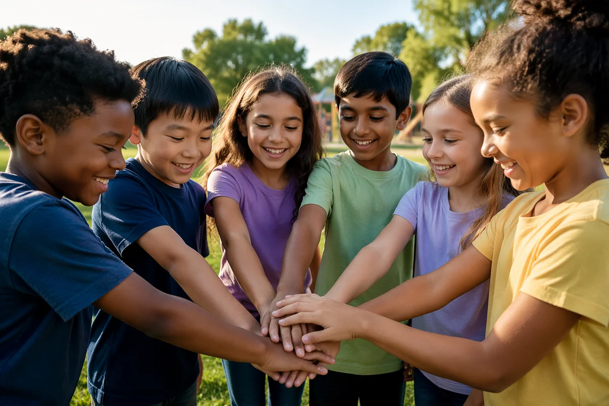 Children Stacking Hands Together in Sunny Park